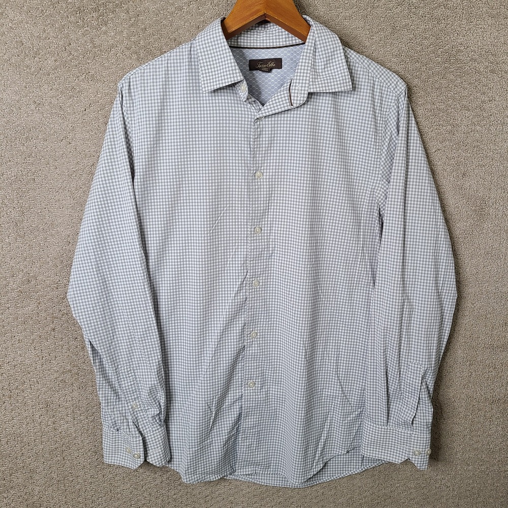 Tasso Elba Shirt Mens Medium Gray Gingham Button Down Nylon Spandex‎ Long Sleeve